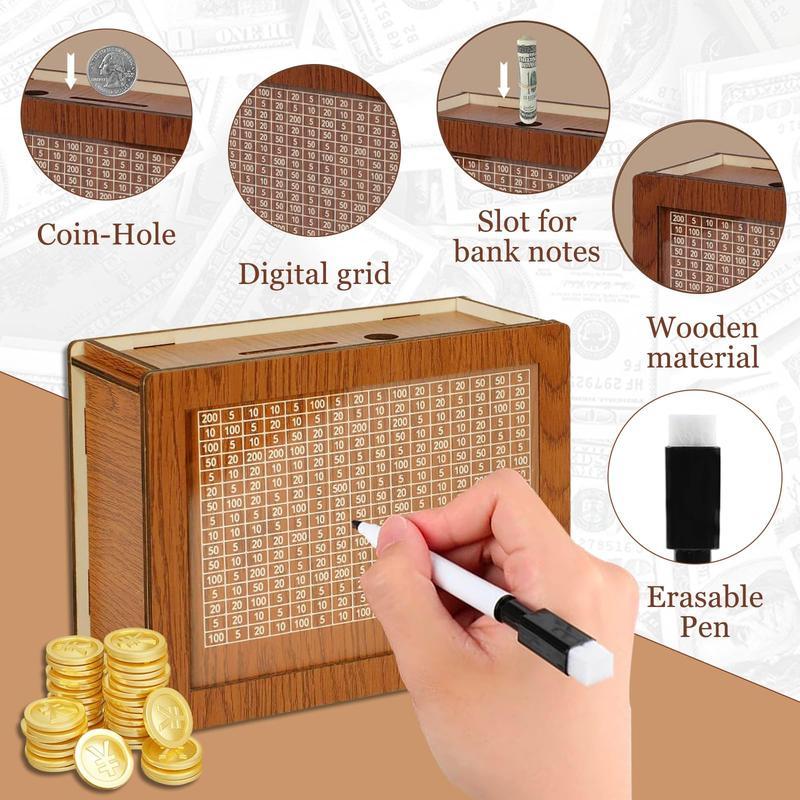 Wooden Money Box with Counter, 1 Count MoneySaving Box with Pen, Money Saving Jar, PiggyBank for Adults & Kids, Gift for Friend, HalloweenGifts