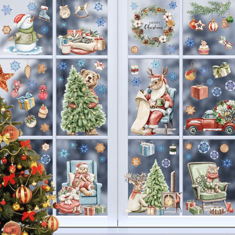 Christmas Window Clings, 9 Sheets Xmas Window Stickers Santa Snowman Snowflake Merry Christmas Window Clings, Double-Side Window Decals for Party Decorations Home School Glass