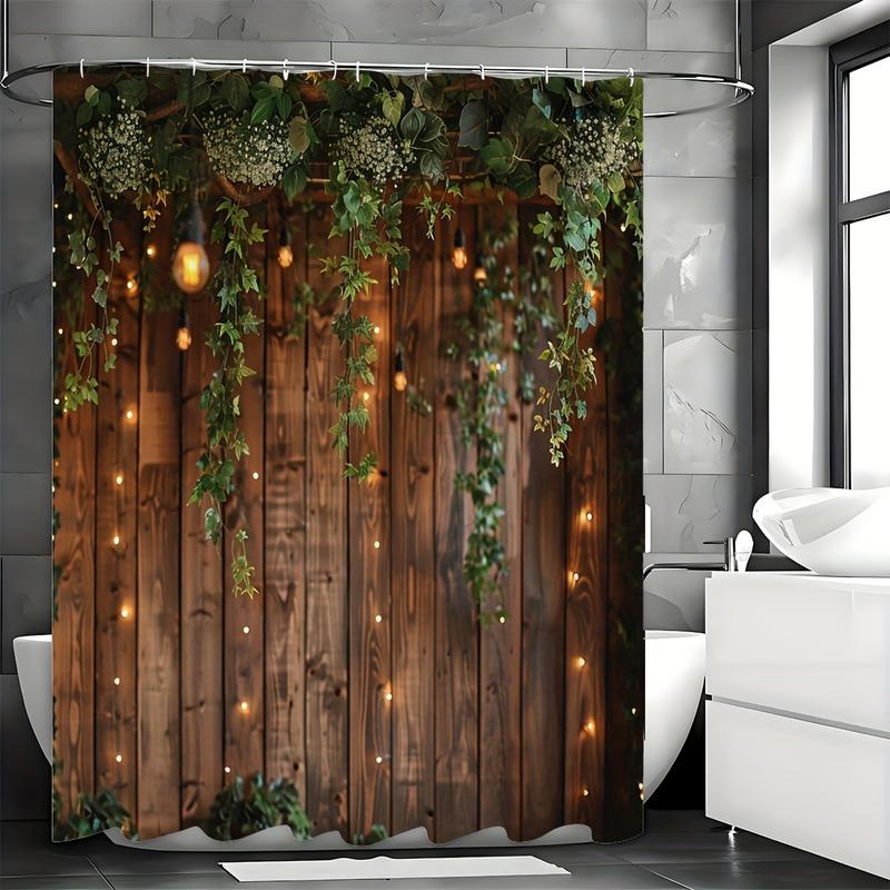 1pc Vintage Rustic Wooden Board Door Shower Curtain, Green Leaves On Farmhouse Country Wood Plank, Waterproof Polyester Fabric Countryside Life Bathroom Curtain, With 12 Hooks