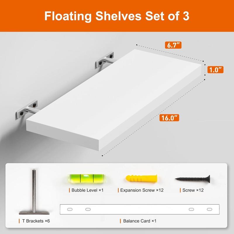 Floating Shelves for Wall, White Wood Wall Shelf Set of 3, 16