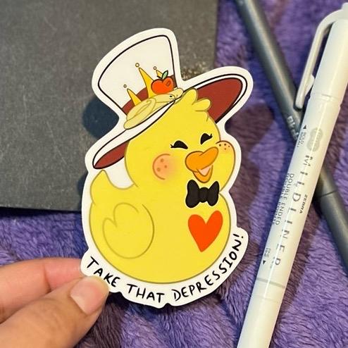 Lucifer’s Duck ‘Take That Depression’ | Rubber Duck Sticker, Cartoon Demon Hotel Sticker, Lucifer Morningstar Hat, Depression Duck Sticker, Haze bin Hotel Decor Decorative Decoration