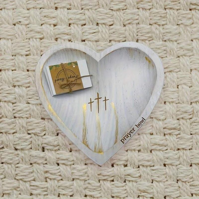 Vintage Wooden Heart-Shaped Prayer Bowl - Engraved Cross & 