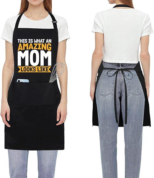 Drawelry Funny Aprons for Mom Gifts: Women Grill Cooking Bake Waterproof Apron 2 Pocket Adjustable Neck Strap