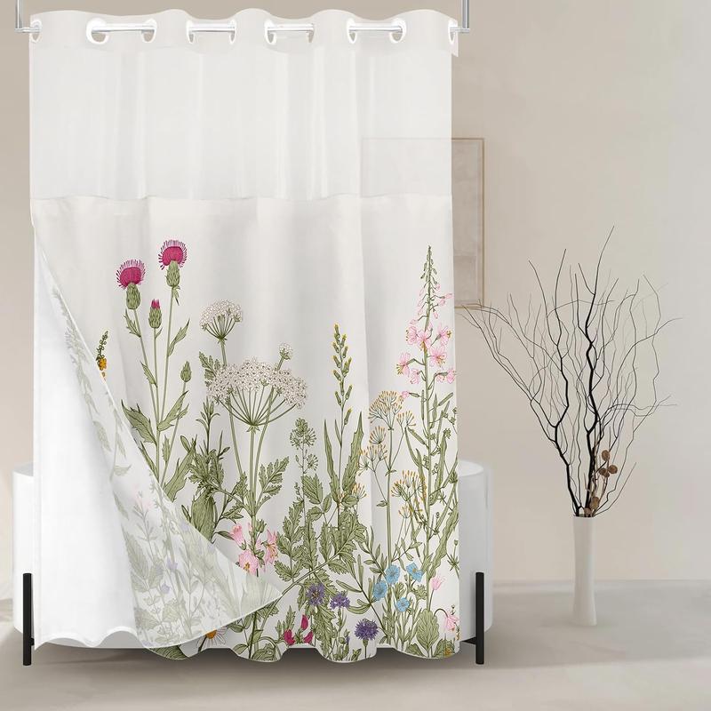 No Hooks Snap in Liner Vintage Wildflower Botanical Herbs Shower Curtain Sets, Hotel Luxury Double Layers Waterproof Fabric & See-Through Top Window Bathroom Decorative 60x72 Inch Print Artwork