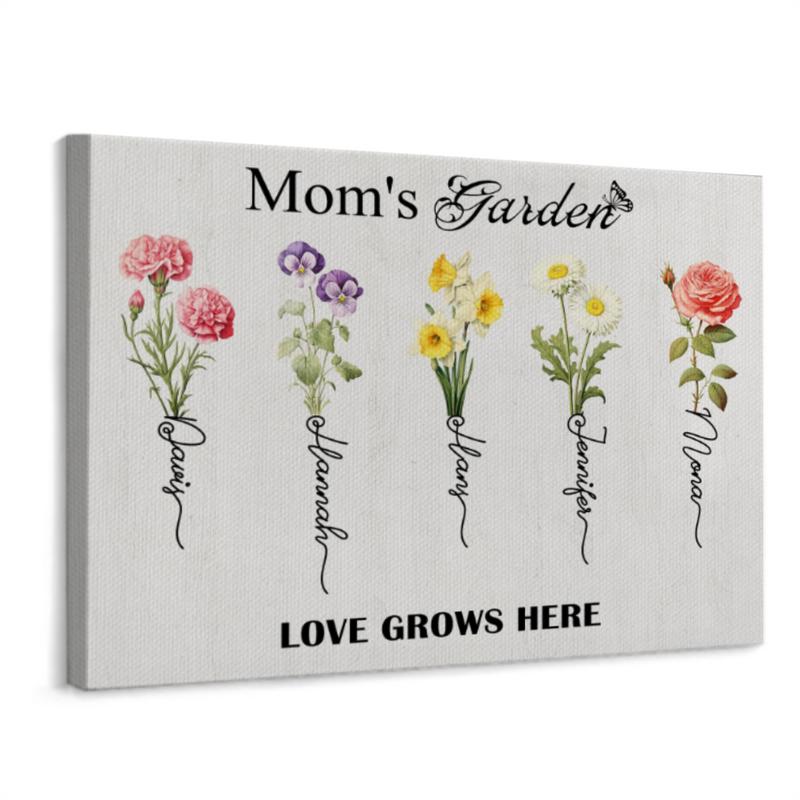 Mothers Day Unique Gifts for Mom from Daughter Son Personalized Moms Garden Canvas Custom Family Birth Month Flower with Name, Anniversary Christmas Birthday Gifts for Mom