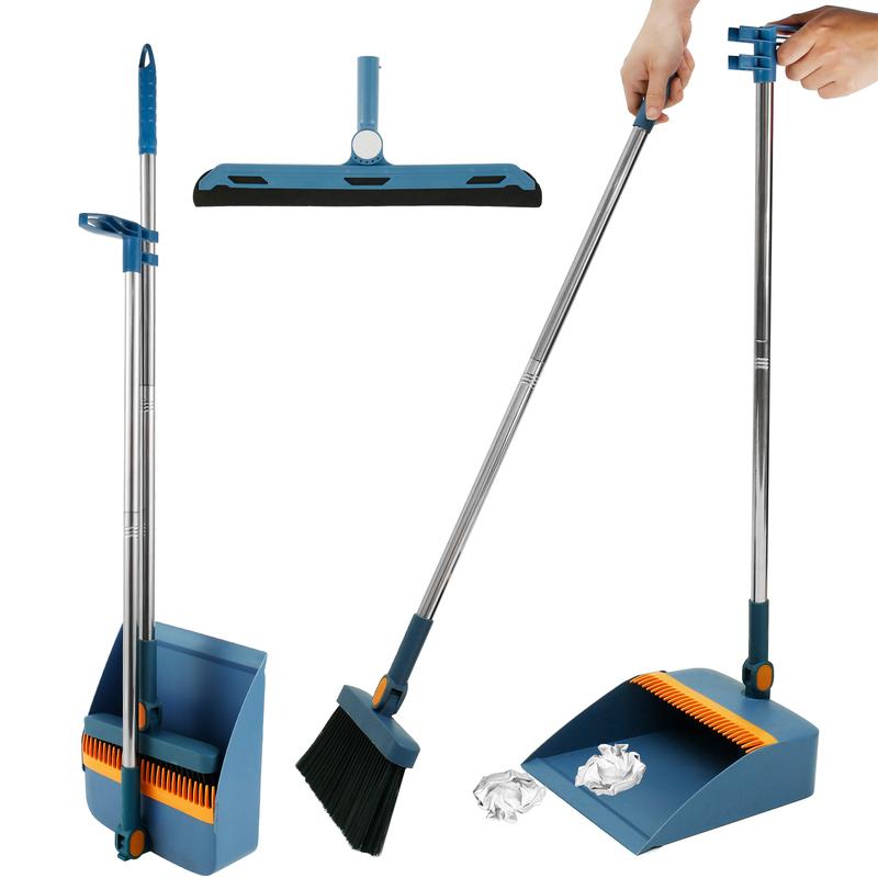 3 Counts Floor Sweeping Set with Long Handle 180°Rotating Floor Broom Squeegee Dustpan Set Foldable Stand Dustpan and Broom Combo with Comb Teeth Portable Squeegee Broom for Kitchen Office Home Floor