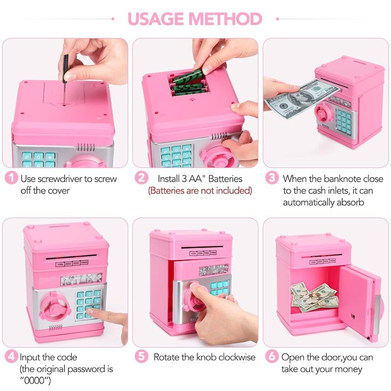 Piggy Bank for Kids, Electronic Mini ATM with Password Cash Coin Can Auto Scroll Paper Money Saving Box, Birthday Christmas Toy Gift for Girls Boys-Pink