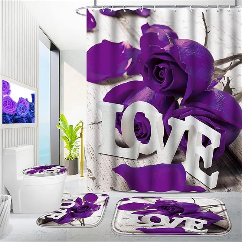 4Pcs Bathroom Love Rose Shower Curtain Set with 12 Hooks, Waterproof Polyester 71