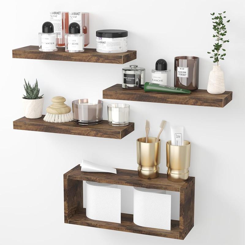 Floating Shelves, 4+1 Tier Rustic Bathroom Shelves Over Toilet with Invisible Brackets, Farmhouse Wall Decor for Bedroom, Living Room, Kitchen and Plants (Rustic Brown) Shelf Installation Mdf