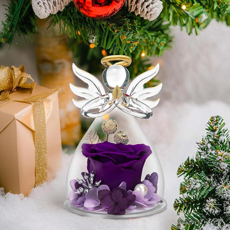 Preserved Flower Rose Gifts in Glass Angel Figurines,Birthday Gifts for Women,Angel Rose Gifts for Her,Christmas Rose Gifts for Mom Mothers Grandma,Real Flowers Purple Gift,Thanksgiving Gifts