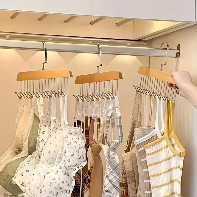 Wooden Bra Hanger, 3 Counts Space Saving 360° Rotatable Bra Hanger with 8 Hooks, Home Organizer for Bra Underwear Socks