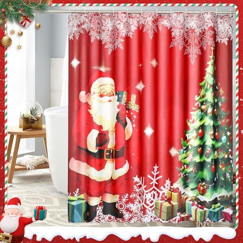 Christmas Shower Curtain for Bathroom Winter Holiday Vintage Fabric Xmas Santa Tree Snowflake Shower Curtain Waterproof Decor Set w 12 Hooks 72x72in