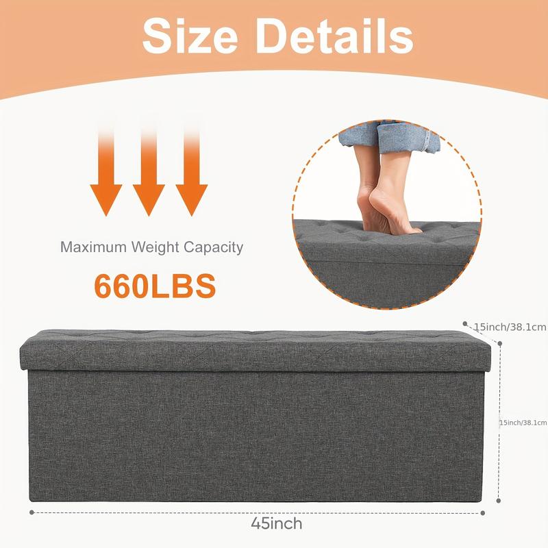 45 Inches Folding Storage Ottoman Bench, Holds up to 660 lb, End of Bed Storage Bench Foot Rest Stools Large Storage Chest with Padded Seat for Bedroom, Living Room, Entryway, Grey