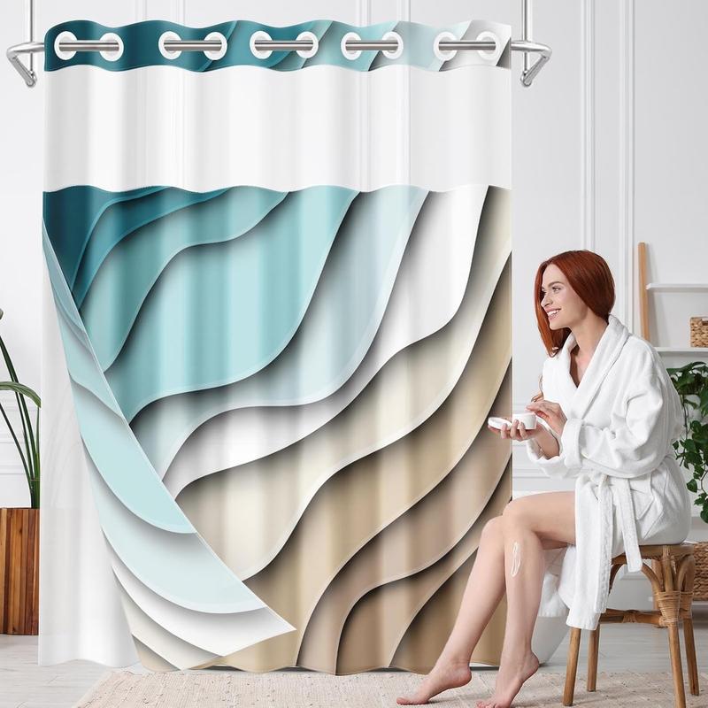 No Hook Colorful Abstract Light Shower Curtain with Snap-in Liner, Waves Relief Double Layers Waterproof Fabric with See Through Top Window Open Grommet Bath Curtain 71x74 Inch