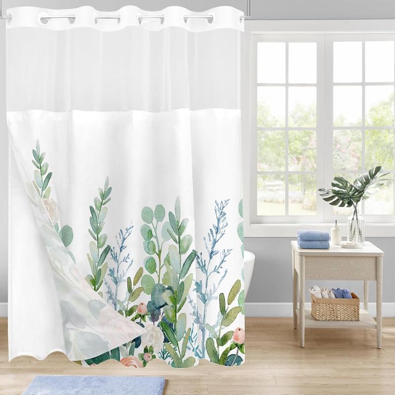 No Hooks Snap in Liner Vintage Wildflower Botanical Herbs Shower Curtain Sets, Hotel Luxury Double Layers Waterproof Fabric & See-Through Top Window Bathroom Decorative 60x72 Inch Print Artwork