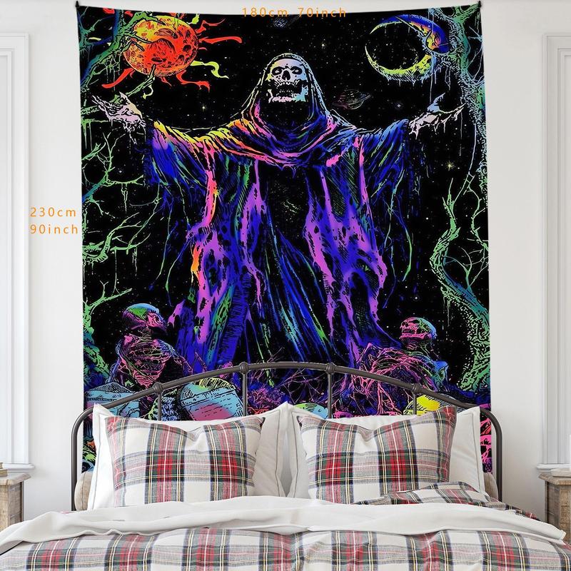 Skeleton Wizard Pattern Tapestry, 1 Count Colorful Gothic Wizard Skeleton Peach Fleece Hanging Tapestry, Wall Hanging Decor for Home Living Room Bedroom Dormitory