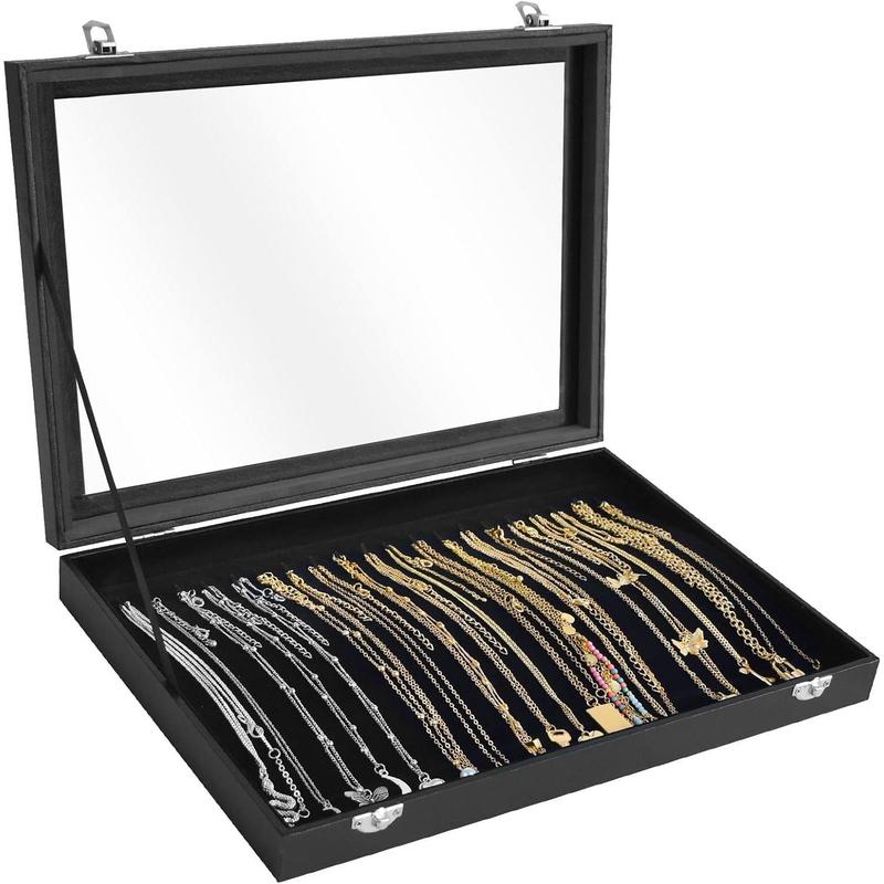  20 Hooks Necklace Display Tray with Transparent Lid Necklace Display Box for Necklace Pendants Suitable for Women (Black)