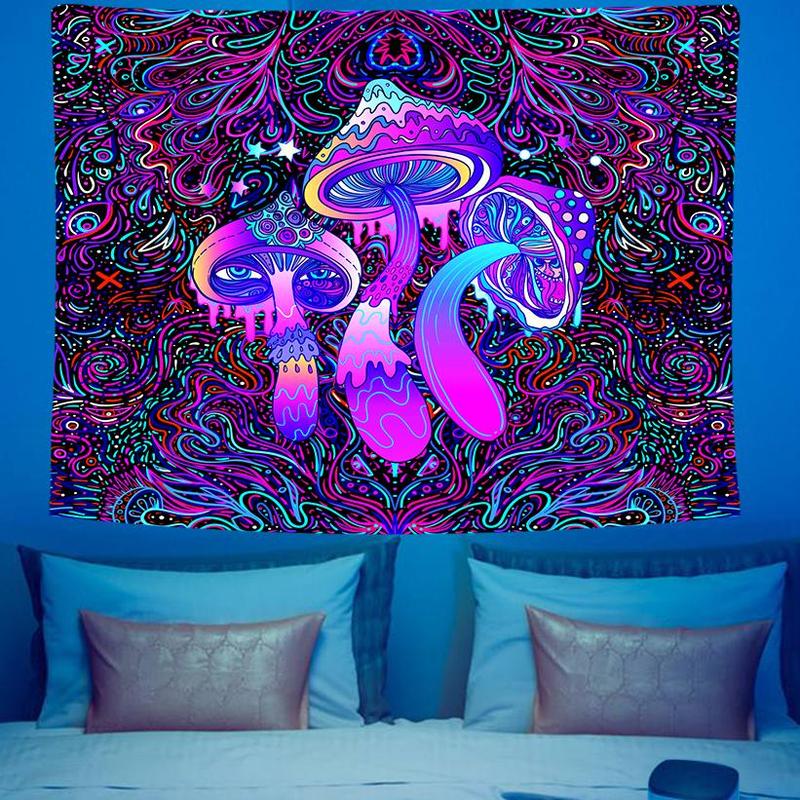 Mushroom Pattern Fluorescent Tapestry, 1 Count Wall Hanging UV Black Light Tapestry with Installing Accessories, Wall Hanging Decor for Home Living Room Bedroom Dorm