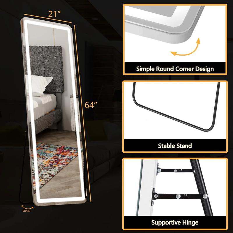 BIGLEAP 21” x 64” White LED Lighted Full Length Floor Mirror for Home Makeup - Adjustable Lighting