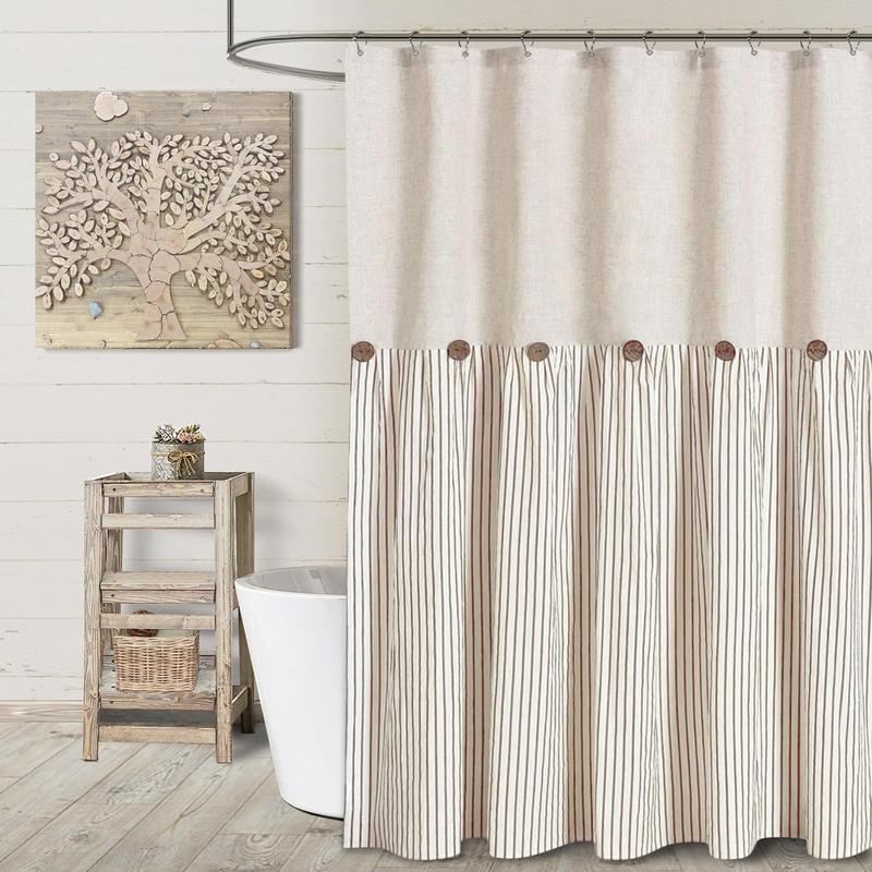 Button Farmhouse Beige Shower Curtain,Linen and Cotton Woven Fabric,Pleated Brown Stripe,Country Style,72x72 Inch