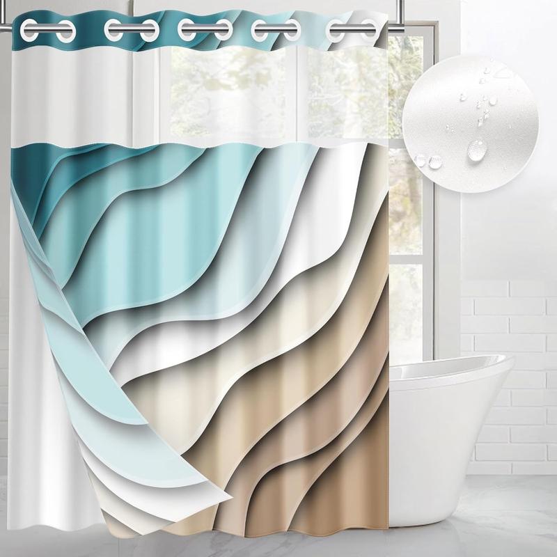 No Hook Colorful Abstract Light Shower Curtain with Snap-in Liner, Waves Relief Double Layers Waterproof Fabric with See Through Top Window Open Grommet Bath Curtain 71x74 Inch