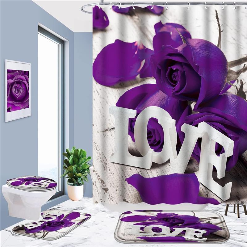 4Pcs Bathroom Love Rose Shower Curtain Set with 12 Hooks, Waterproof Polyester 71