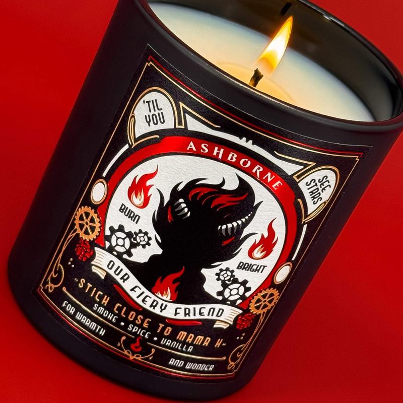 Our Fiery Friend - 8oz Scented Candle - Smoke, Spices, Vanilla - Natural Coconut Wax - 35 h Burn Time - Premium Foil Label