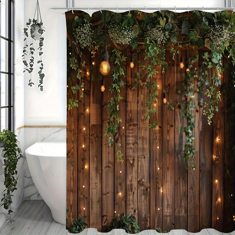 1pc Vintage Rustic Wooden Board Door Shower Curtain, Green Leaves On Farmhouse Country Wood Plank, Waterproof Polyester Fabric Countryside Life Bathroom Curtain, With 12 Hooks