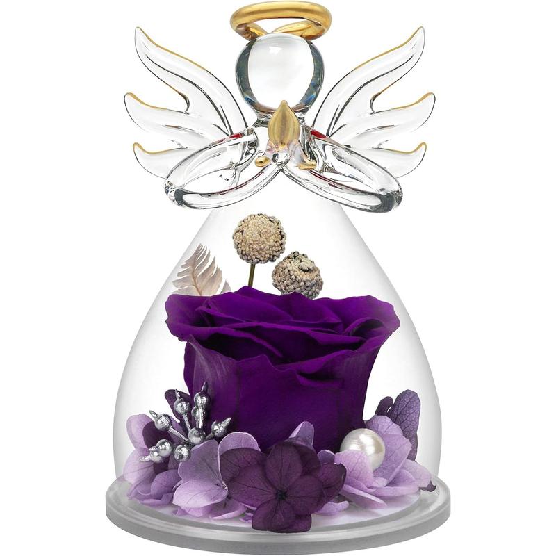 Preserved Flower Rose Gifts in Glass Angel Figurines,Birthday Gifts for Women,Angel Rose Gifts for Her,Christmas Rose Gifts for Mom Mothers Grandma,Real Flowers Purple Gift,Thanksgiving Gifts