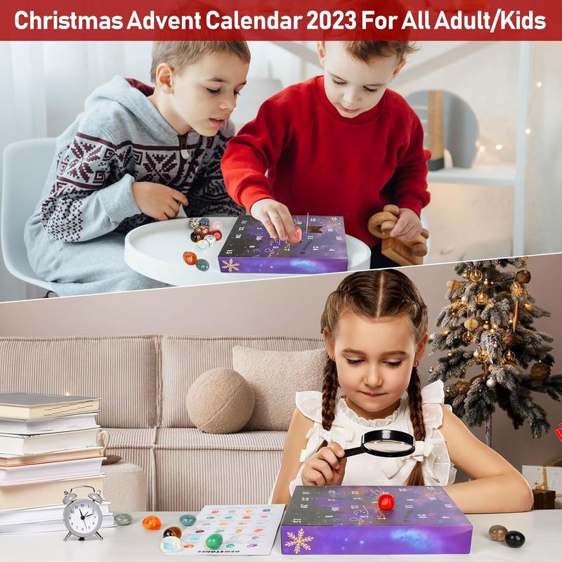 Advent Calendar 2024, 24 Days Natural Crystal Agate Stone Minerals & Fossils Gem Advent Calendars 2024 for Kids,Christmas Countdown Calendar Enthusiasts Rock Collection for Xmas Girls Boy Women Men