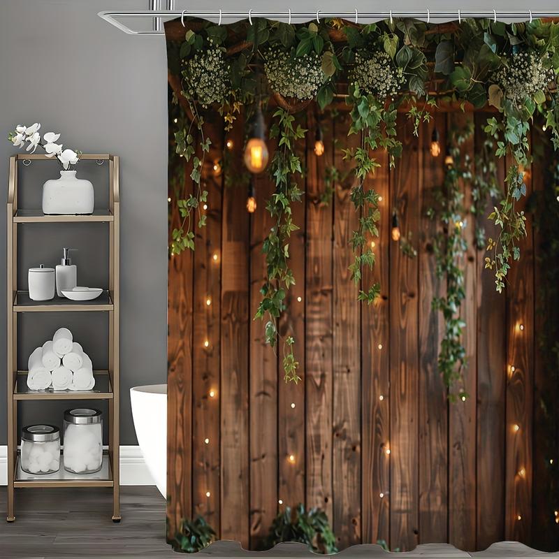 1pc Vintage Rustic Wooden Board Door Shower Curtain, Green Leaves On Farmhouse Country Wood Plank, Waterproof Polyester Fabric Countryside Life Bathroom Curtain, With 12 Hooks