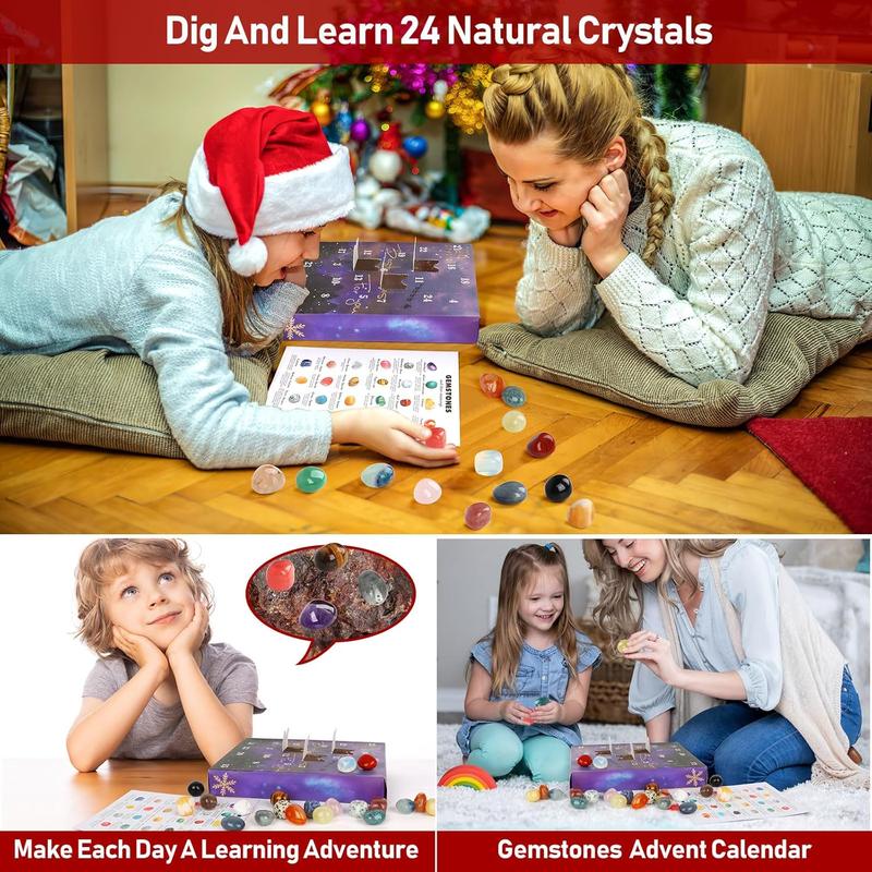 Advent Calendar 2024, 24 Days Natural Crystal Agate Stone Minerals & Fossils Gem Advent Calendars 2024 for Kids,Christmas Countdown Calendar Enthusiasts Rock Collection for Xmas Girls Boy Women Men