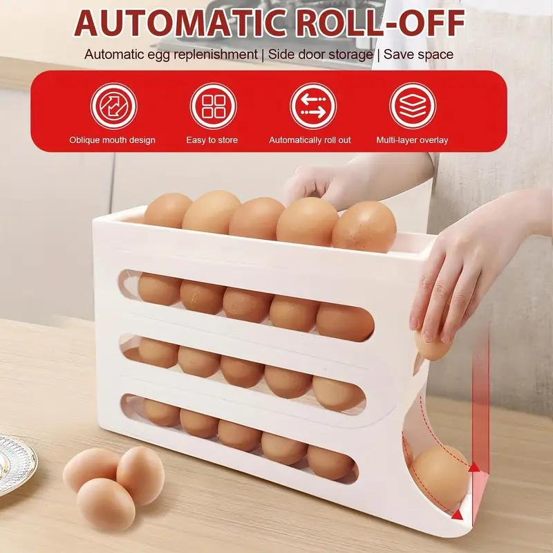 30 Eggs Egg Holder for Fridge - Auto Rolling Fridge Egg Organizer, Space-Saving Egg Dispenser Holder, 4 Tiers Fridge Egg Rack Large Capacity Egg Dispenser for Refrigerator Slide Boxes Kitchen