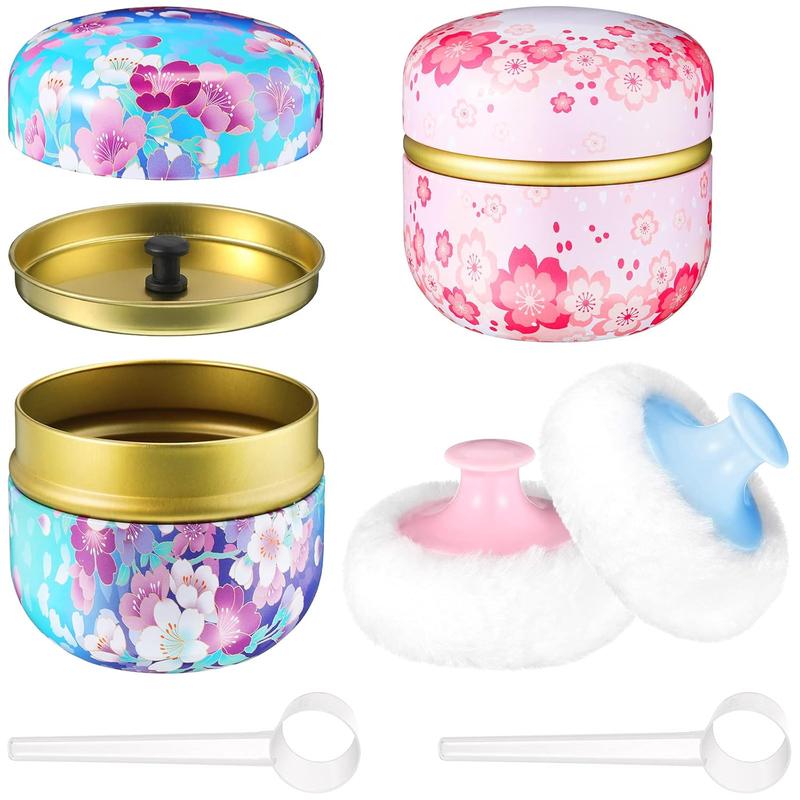 2 Pieces Soft Powder Puffs and Container Set with Spoon Loose Powder Tea Container Case