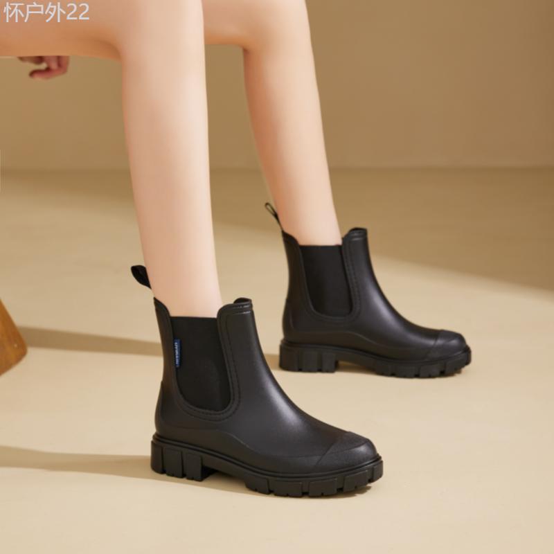 Women's Mid-calf Rain Boots, Fashionable Korean And Japanese Style, Waterproof And Non-slip Thick Sole, Elasticated Trim, Easy To Put On And Take Off The Pull Loop