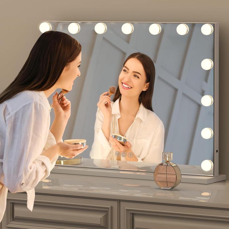 Hollywood Hollywood Vanity Mirror with Lights,10X Magnification Makeup Mirror with 15 Dimmable Bulbs,3 Color Lighting Modes,Vanity Mirror for Bedroom,Touch Control,Tabletop or Wall-Mounted,White