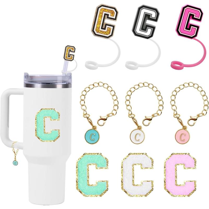 Cup Accessories Set,3 Count 0.4in Straw Cover, 3 Count Letter Charm, 3 Count Letter Towel Stickers Fits 40&30 Oz Tumbler(A)