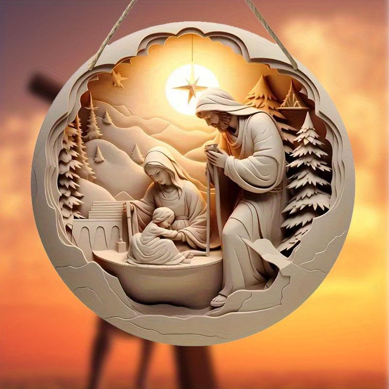 Wooden Nativity Scene Hanging Sign, 2D Relief Jesus Guarding Christianity Christmas Wooden Wreath Sign, Church Yard Fireplace Mantel Decor, Home Decor 2025