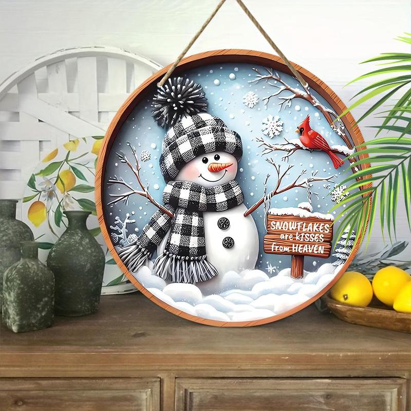 Christmas Snowman & Cardinal Pattern Hanging Ornament, Wooden Round Hanging Wall Decor, Farmhouse Style Wall Art for Home, Kitchen, Garden, Yard