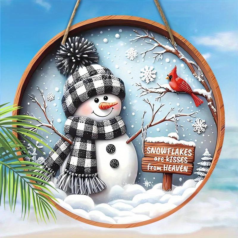 Christmas Snowman & Cardinal Pattern Hanging Ornament, Wooden Round Hanging Wall Decor, Farmhouse Style Wall Art for Home, Kitchen, Garden, Yard