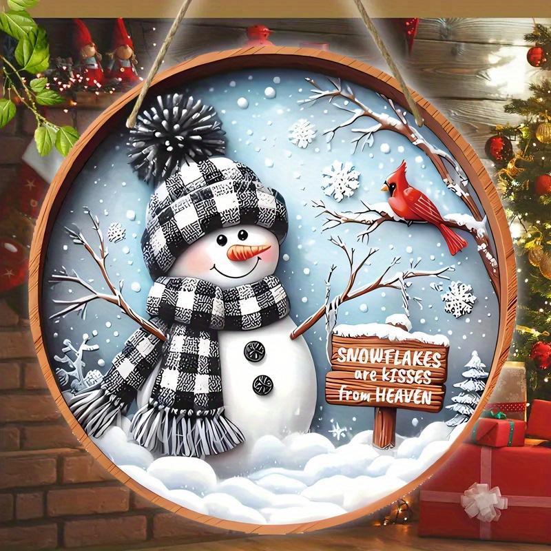 Christmas Snowman & Cardinal Pattern Hanging Ornament, Wooden Round Hanging Wall Decor, Farmhouse Style Wall Art for Home, Kitchen, Garden, Yard