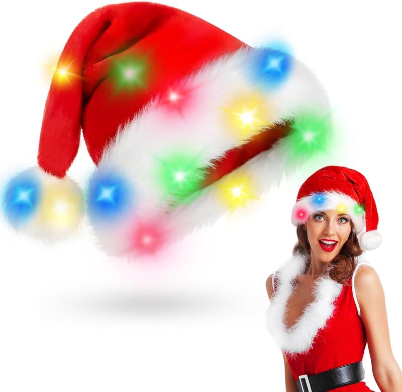 Christmas Hat for Adults, Santa Hat Holiday Color Light Up Unisex Velvet Comfort Extra Thicken Xmas Hat for New Year Festive Party Supplies，Santa Hat: Christmas Hat Adult - Santa Hat for Women and Men - Led Santa Hat