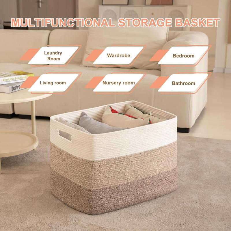 108L Super Large Blanket Basket, 25”x16”x16”(108L) Rectangle Woven Baskets for Storage, Cotton Rope Basket For Living Room, Toy Basket with Handle, Basket for Organizing- Gradient Brown