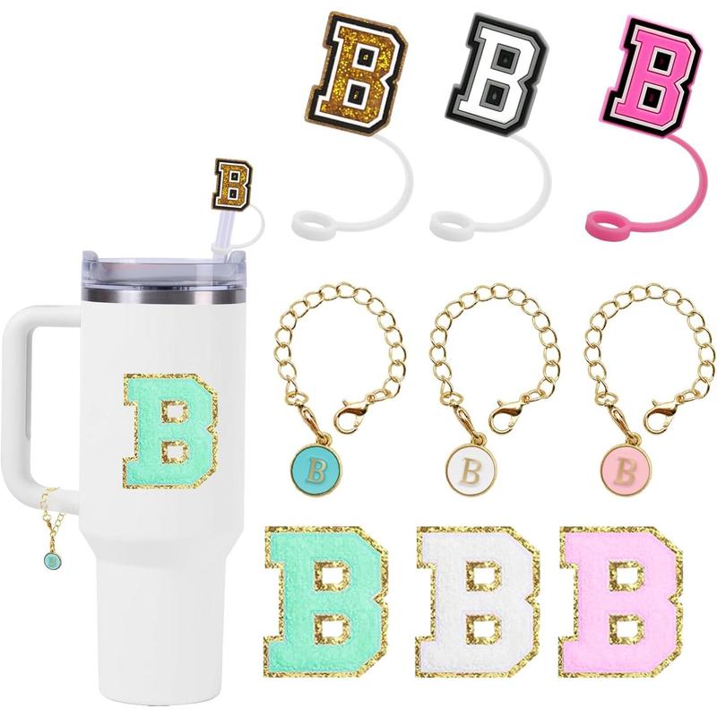 Cup Accessories Set,3 Count 0.4in Straw Cover, 3 Count Letter Charm, 3 Count Letter Towel Stickers Fits 40&30 Oz Tumbler(A)