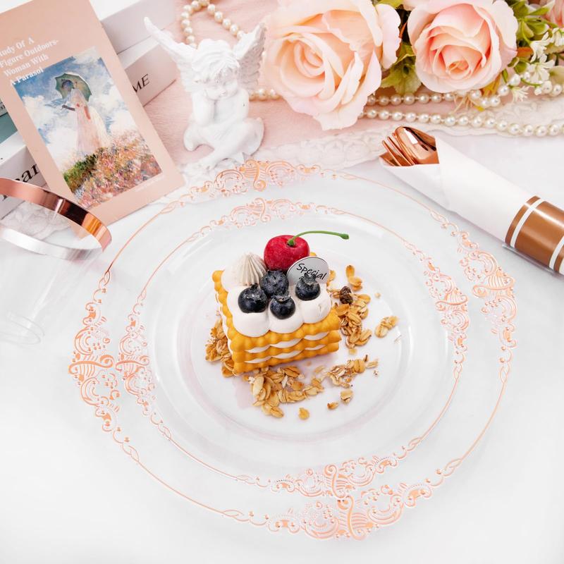 Nervure 175PCS Rose and Gold Plastic Plates & Pre Rolled Napkins for 25 Guests Gold Disposable Plates 75 Gold Plastic Silverware, 25Cups,Napkins dinner plate