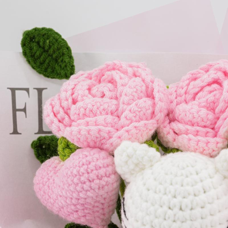 YShomy Handmade Wrapped Crochet Bouquet, Knitted of Flowers, Artificial, Fake, Woven, Longlasting, Wedding Everlasting Floral Croc Her Bouquet, Roses, Eucalyptus, Pink Heart, Cotton Flower, Decorative Gift, Pink Rose Set, Yarn Plants Ornaments