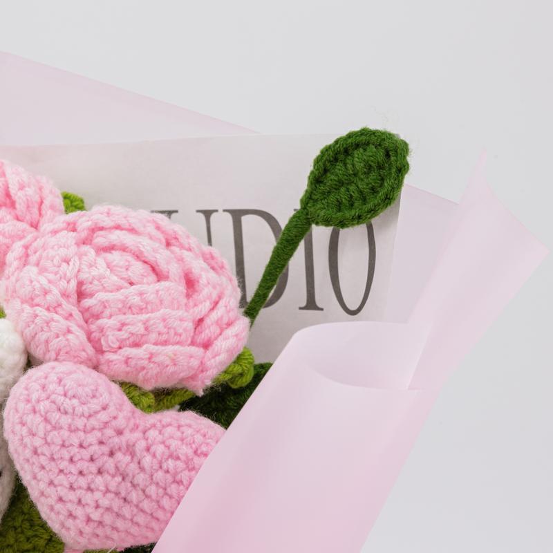 YShomy Handmade Wrapped Crochet Bouquet, Knitted of Flowers, Artificial, Fake, Woven, Longlasting, Wedding Everlasting Floral Croc Her Bouquet, Roses, Eucalyptus, Pink Heart, Cotton Flower, Decorative Gift, Pink Rose Set, Yarn Plants Ornaments