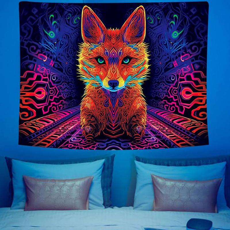 Fox Print Tapestry, 1 Count Colorful UV Blacklight Wall Hanging Blanket For Living Room Bedroom Dorm Room Home Decor, With Free Installation Accessories