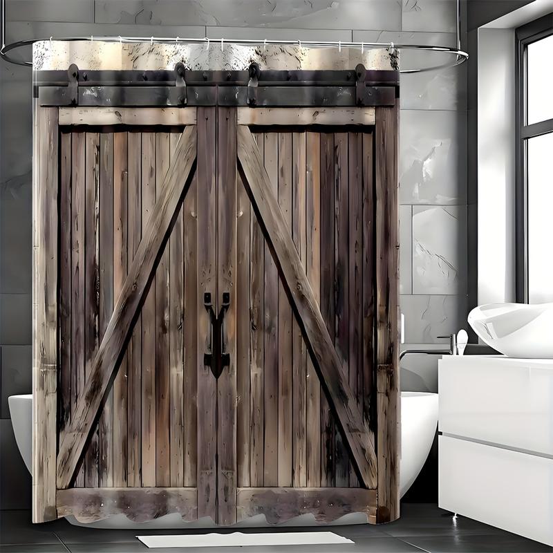 1pc Rustic Western Shower Curtain - Waterproof, Dark Brown Wooden Barn Door Design, Machine Washable, Woven Polyester Fabric with Plastic Hooks - Perfect for Bathroom Home Decoration and Adding a Touch of Country Charm