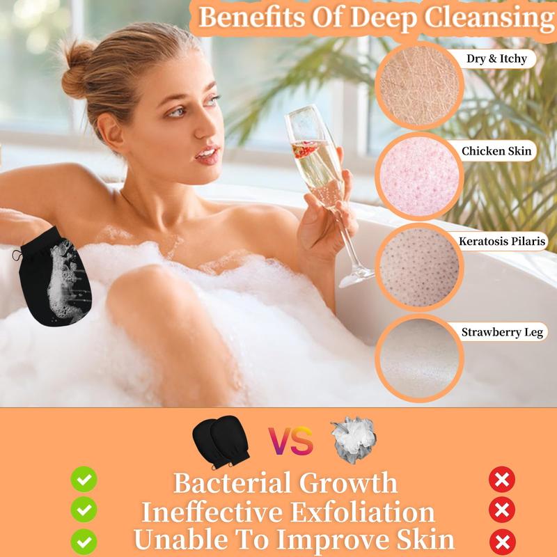 Exfoliating Glove Body Scrubber, Premium Exfoliating Mitt for Normal to Dry Skin, Body Exfoliator for Self-Tan Removal and Applicationin, Made of Viscose Fiber （2 Black）